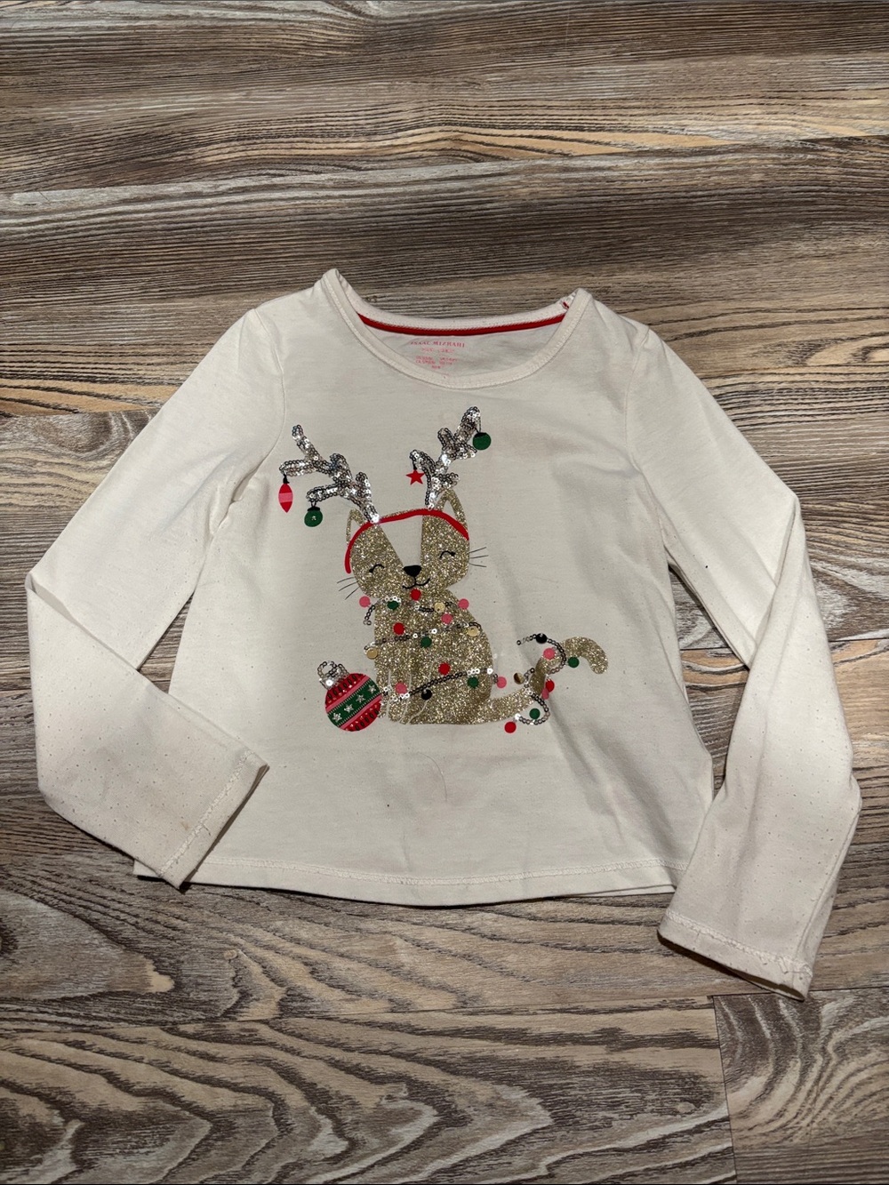 Isaac Mizrahi Cream Long-Sleeve Holiday Cat Sequin Top